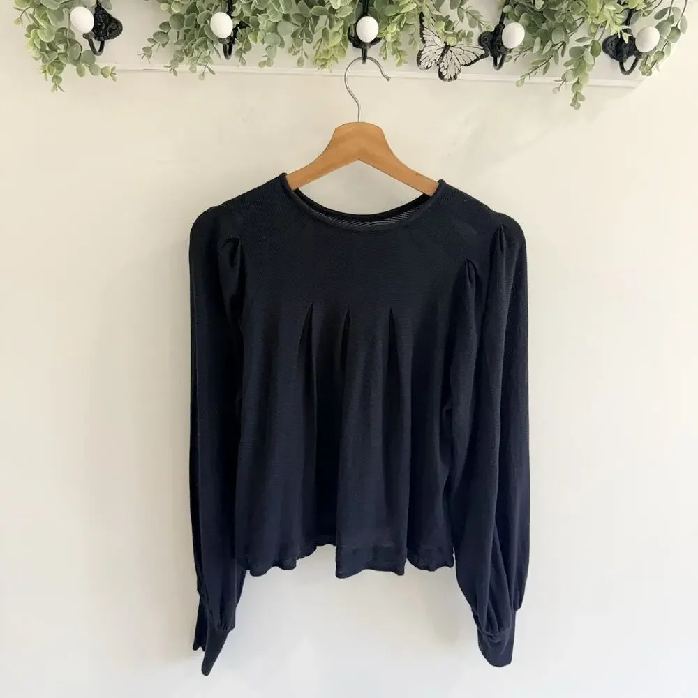 Free People Black Long Sleeve Puff bishop Sleeves Blouse Textured Back Size S